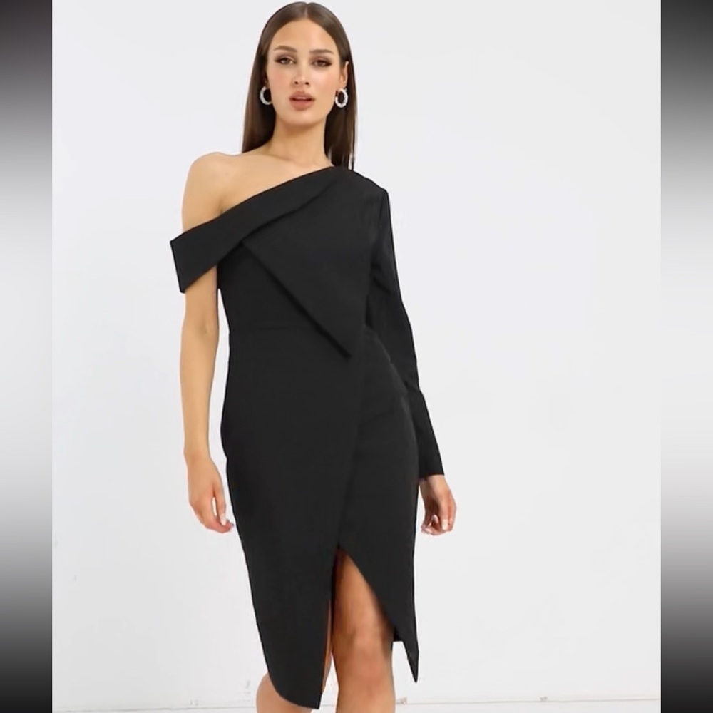 Lavish Alice one shoulder bardot neck asymmetric midi blazer dress in black